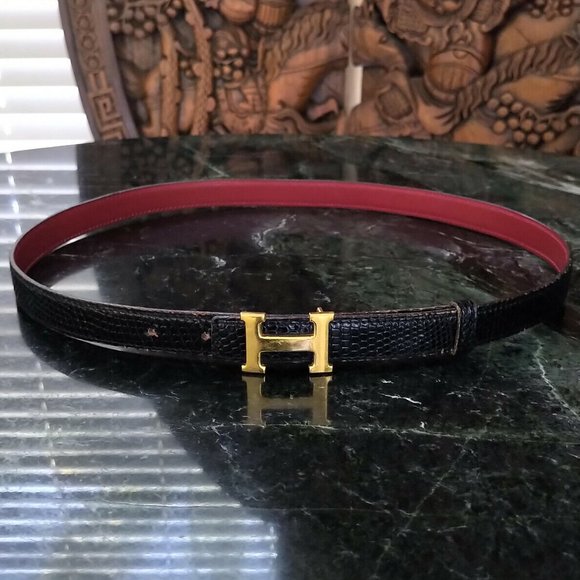 Hermès Crocodile 18K Gold H Logo Black & Red Belt - Picture 3 of 12